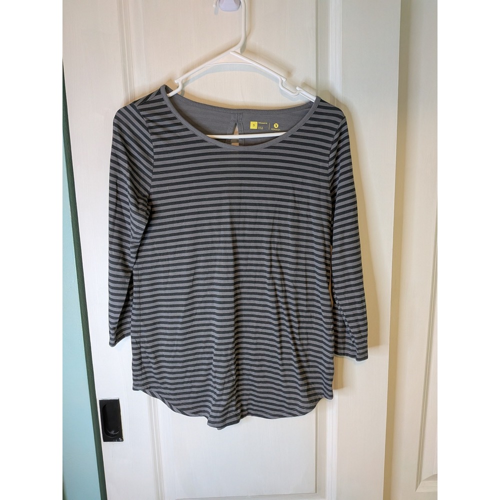 Xersion Womens Relaxed Fit Striped Long Sleeve Open Back Top Grey Black Small